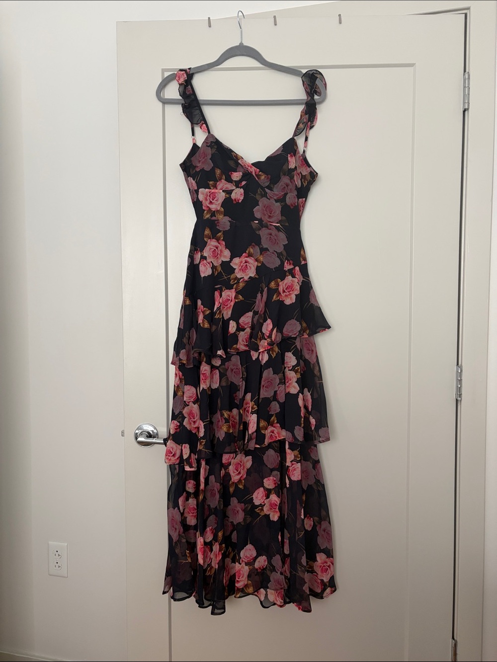 Floral Tiered Maxi Dress - Navy with Pink Roses